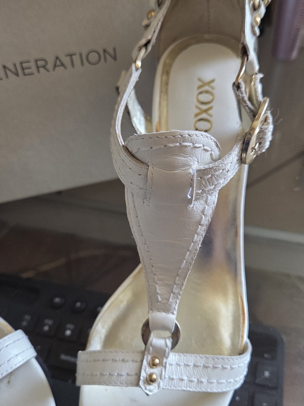 BCBGeneration White Leather T-Strap Sandals with Gold Accents - Picture 2 of 5